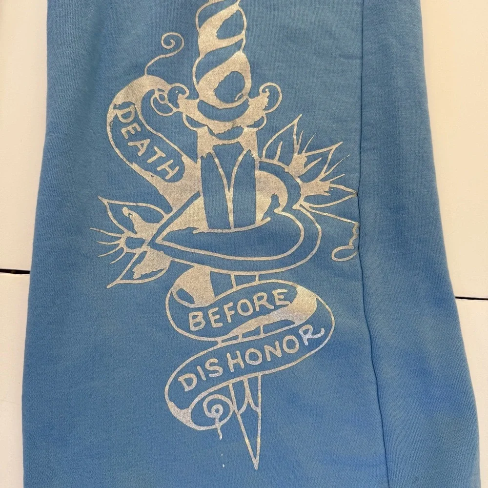 Ed Hardy Flower Skulls Powder Blue Women’s Sweatpants Medium Graphic Print Y2K - Picture 8 of 13